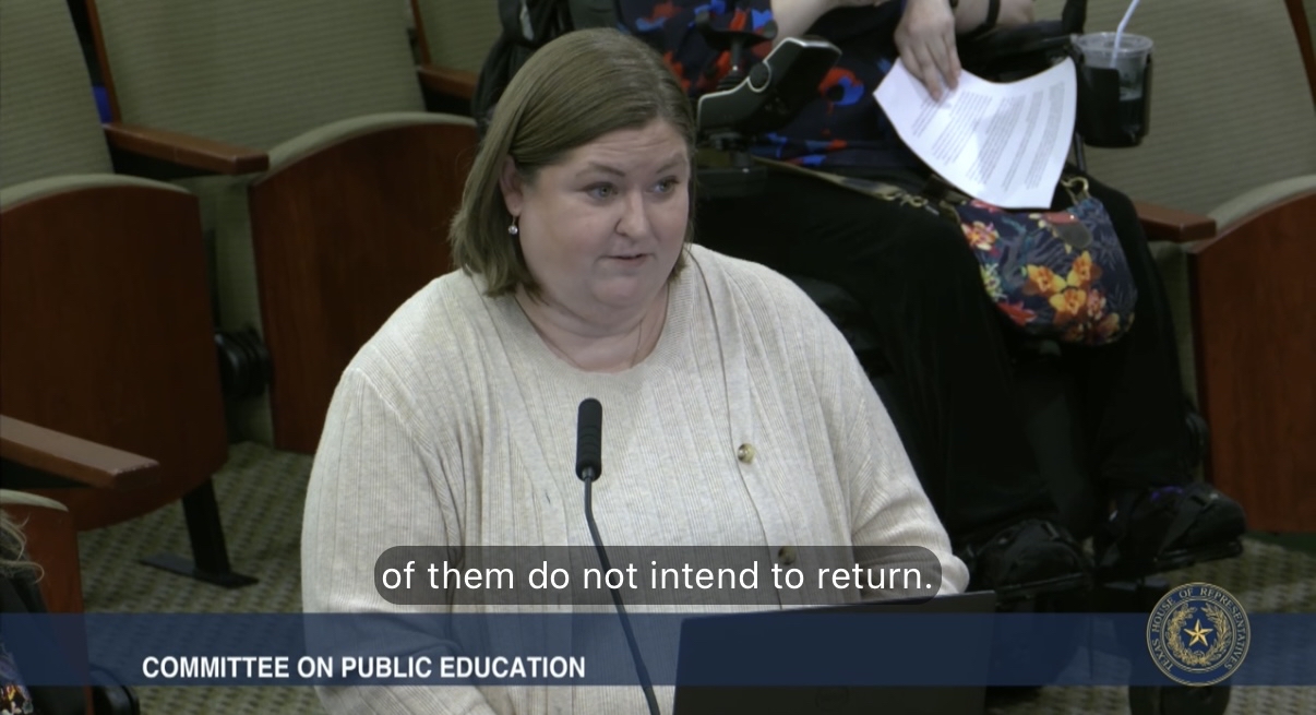 260602_TCave ATPE Lobbyist Tricia Cave testifies before the House Public Education Committee Monday, June 1, 2026.